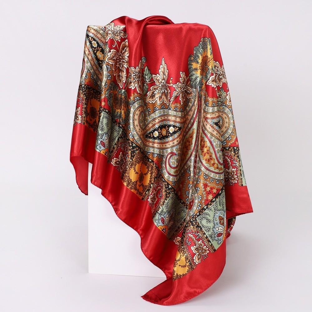 Bohemian Women Muslim Hijab Bandana 90*90cm Print Silk Headkerchief Satin Square Scarf Office