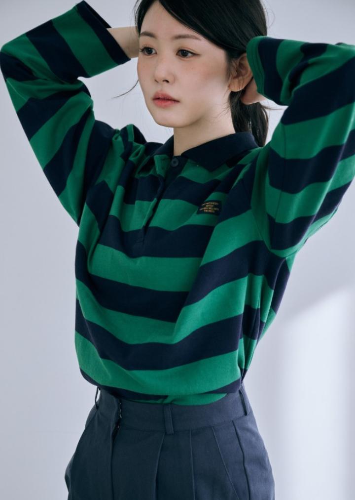 BYSEOWOO Rugby T-Shirt Striped Long Sleeve T-Shirt (Green)
