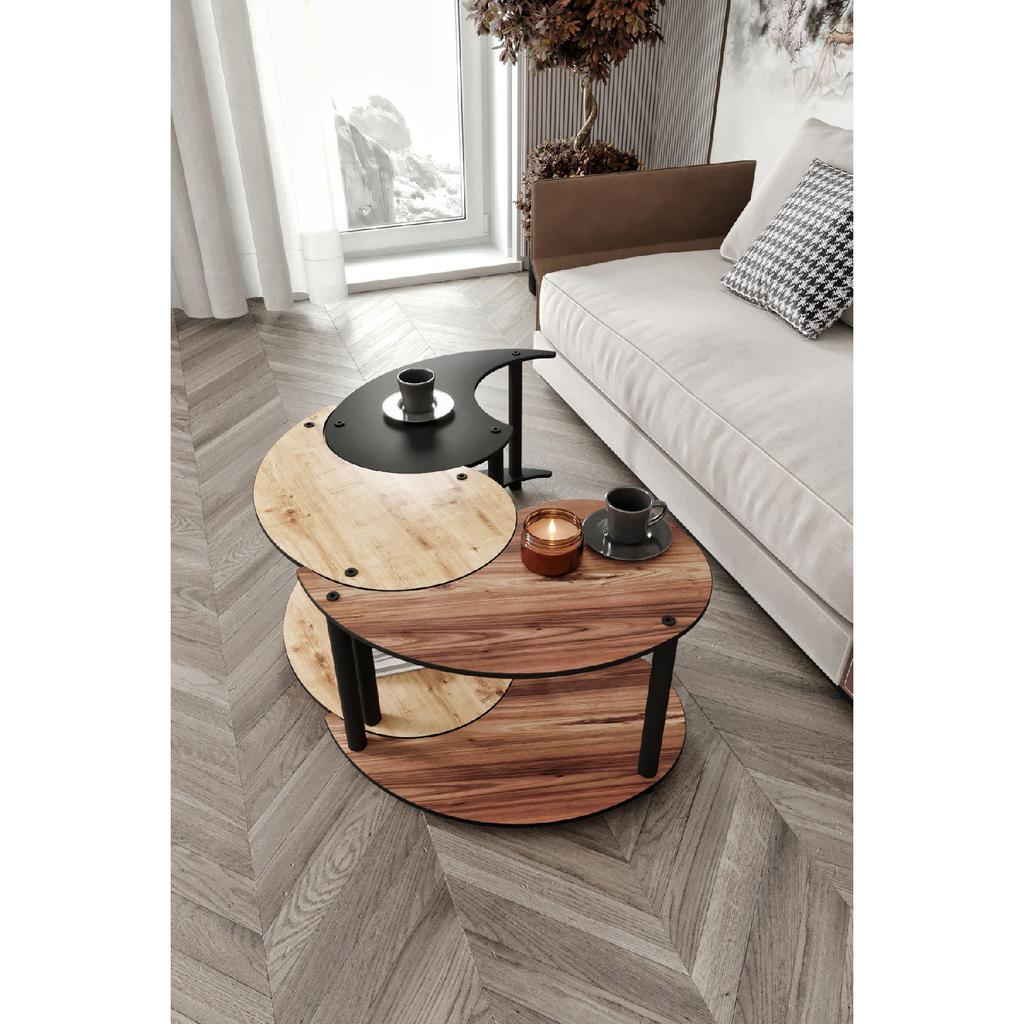 Yin Yang Unity Serenity Coffee Table Set Of 3 Oak Walnut Black 70 Cm