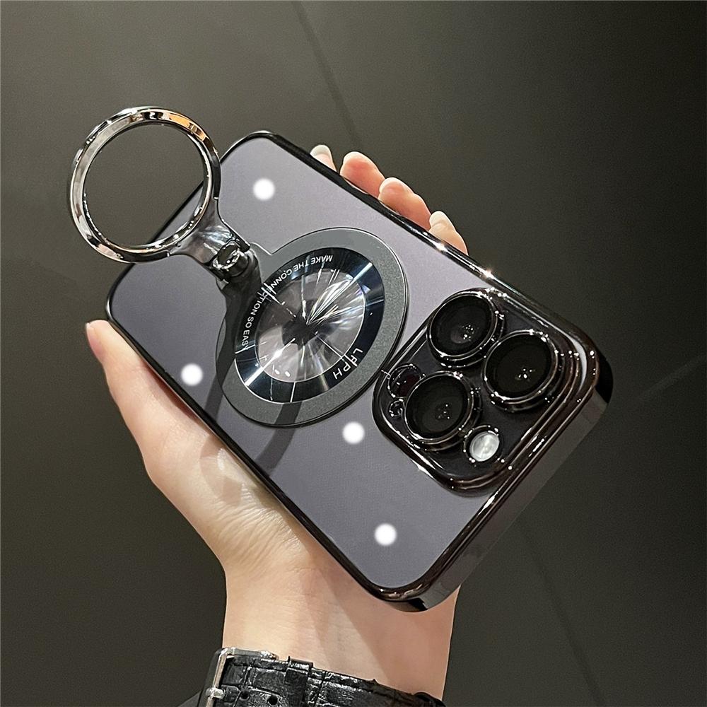 Transparent Plating Metal Ring Bracket Magsafe Mganetic Case for iPhone 15 13 12 14 Pro Max Stand Holder Lens Protection Cover