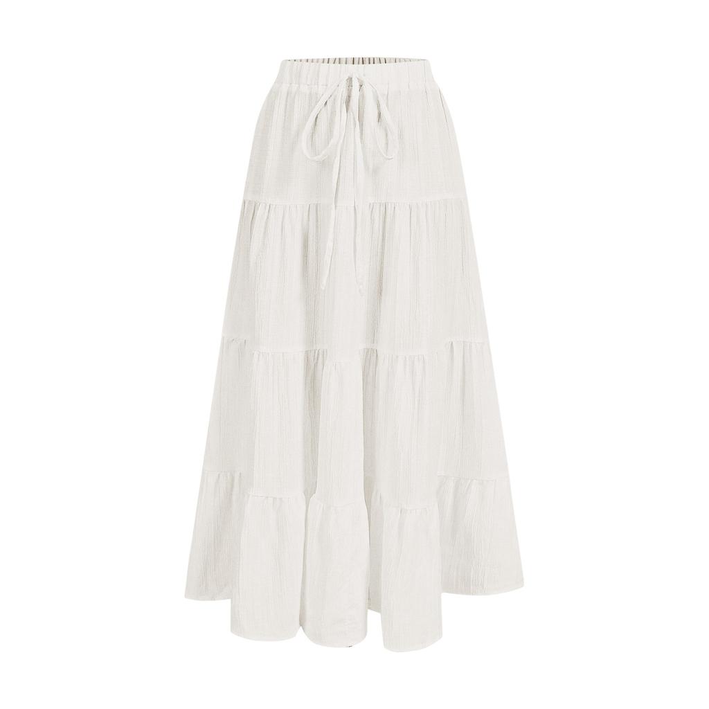 Women's Ruffled Spring Casual Long Skirt Plain Color Skirt Retro Pleated Skirt