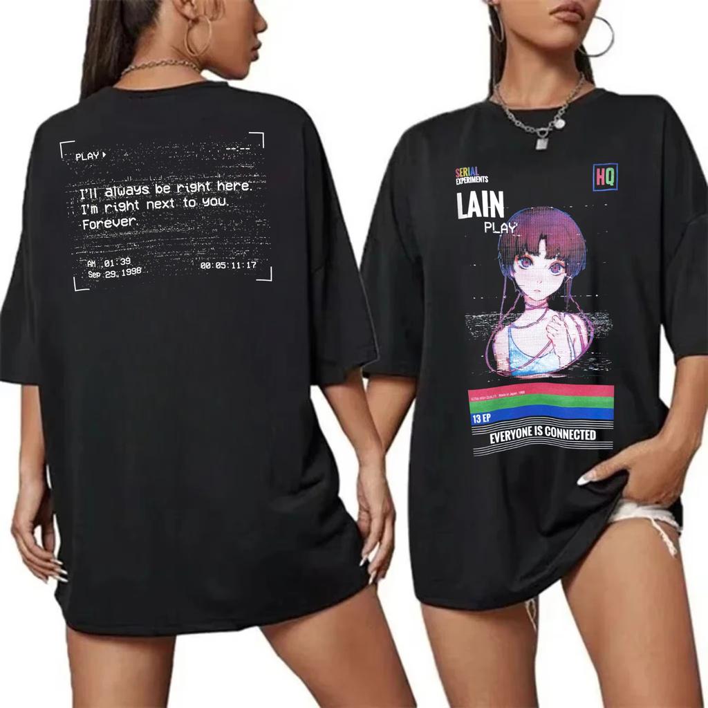 Unisex Baumwoll-T-Shirt mit Serial Experiments Lain Anime-Print, Japanische Manga Urban Fashion Harajuku Y2K Streetwear Bequemes T-Shirt für Damen und Herren