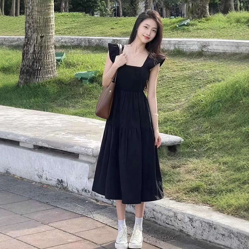 French Small Flying Sleeves Black Square Neck Sleeveless Dress Women's Summer Small Looking Thin Temperament Medium and Long Skirt New