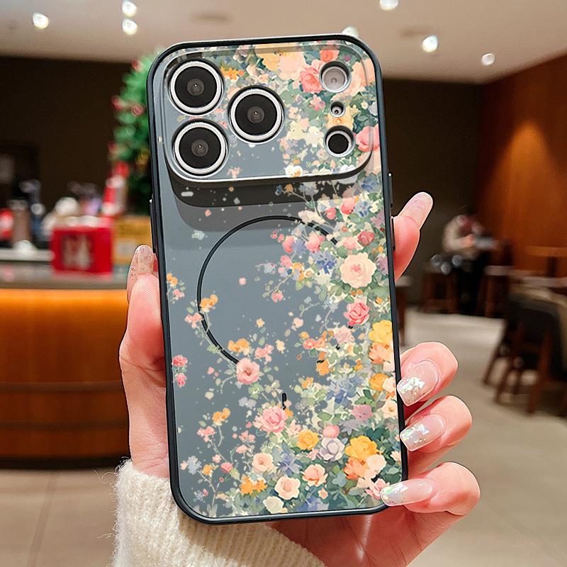 Colorful Rose Pattern Magnetic Phone Case For iPhone 17 Pro 16 15 14 13 Pro Max For Magsafe Wireless Charge Lens Protect Cover