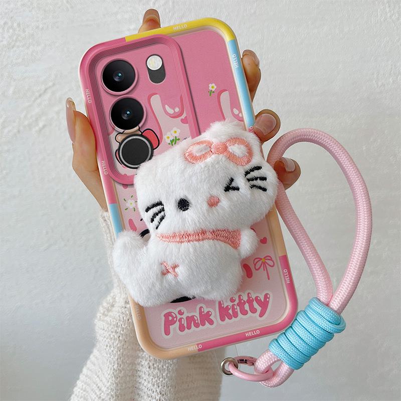 KEYSION Cute 3D Cartoon Plush Case for VIVO V29 5G with Lanyard Soft Silicone Shockproof Phone Back Cover for VIVO V29 5G