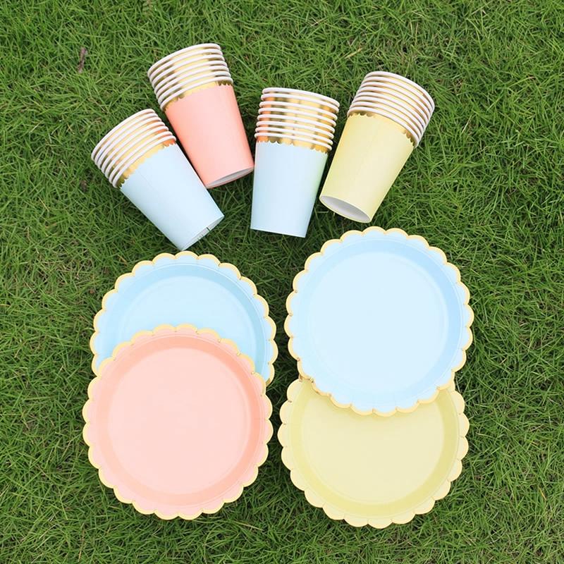 30/40Pcs Disposable Party Plates Tableware Macaron Color  Cake Plate Paper Cup Dishes Set Birthday Party Wedding Dinner Supplies