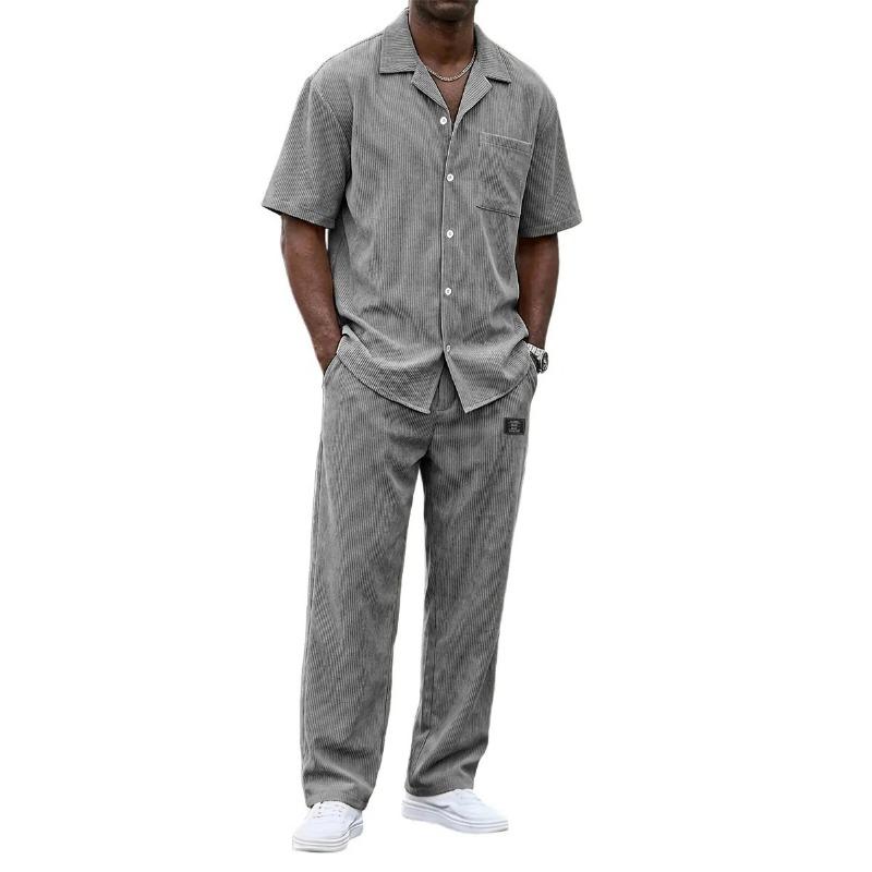 

Mens Casual Solid Color Corduroy Short Sleeve Shirt And Pants Set S серый