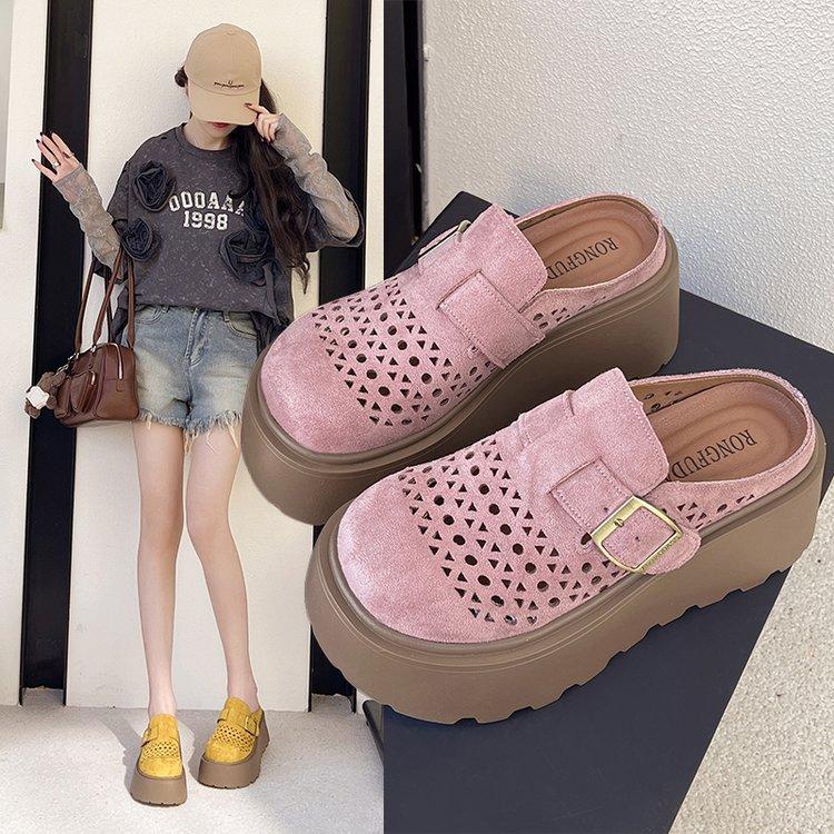 Thick-soled Bag Head Slippers Women's Summer Wear New Muffin Hole Shoes Retro Drag One Pedal Sandals Women