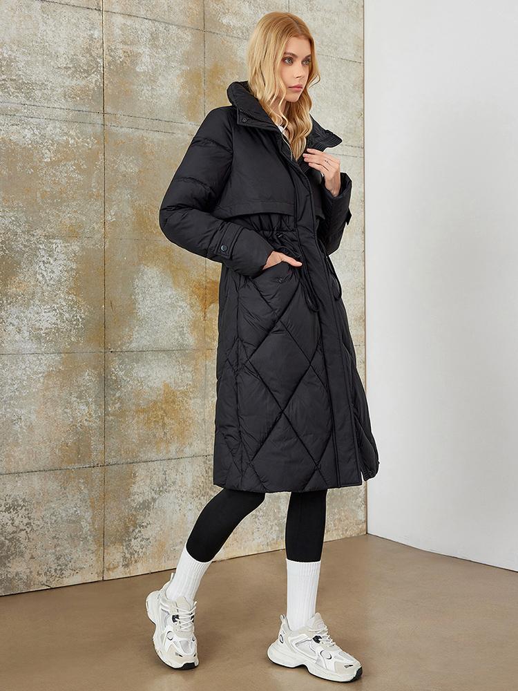 PINK CHIC 2025 New Winter Coat Women Down Jackets High Quality Rhombic Warm Lace up Hooded Long version Female Parka W6553