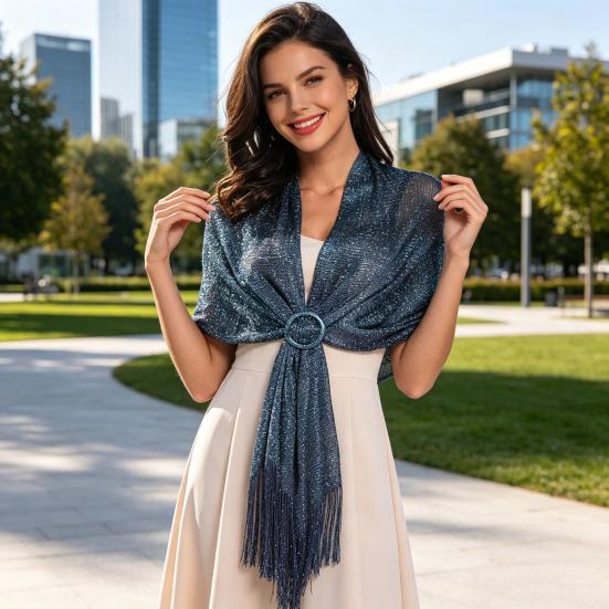 Women Shawl Sparkling Metallic Lightweight Scarf Wrap with Tassel Free Buckle Shimmering Finish Evening Wedding Formal Dress Stole