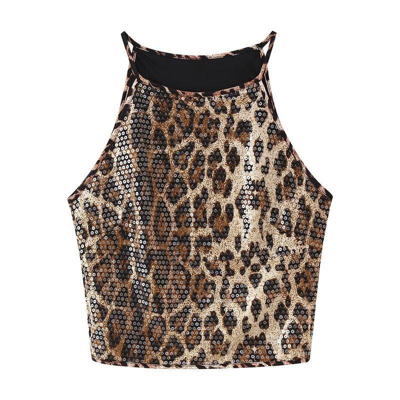 Kaslead New Arrival Women's Fashion Style Stylish Simple and Versatile Leopard Print Sequin Sling Vest