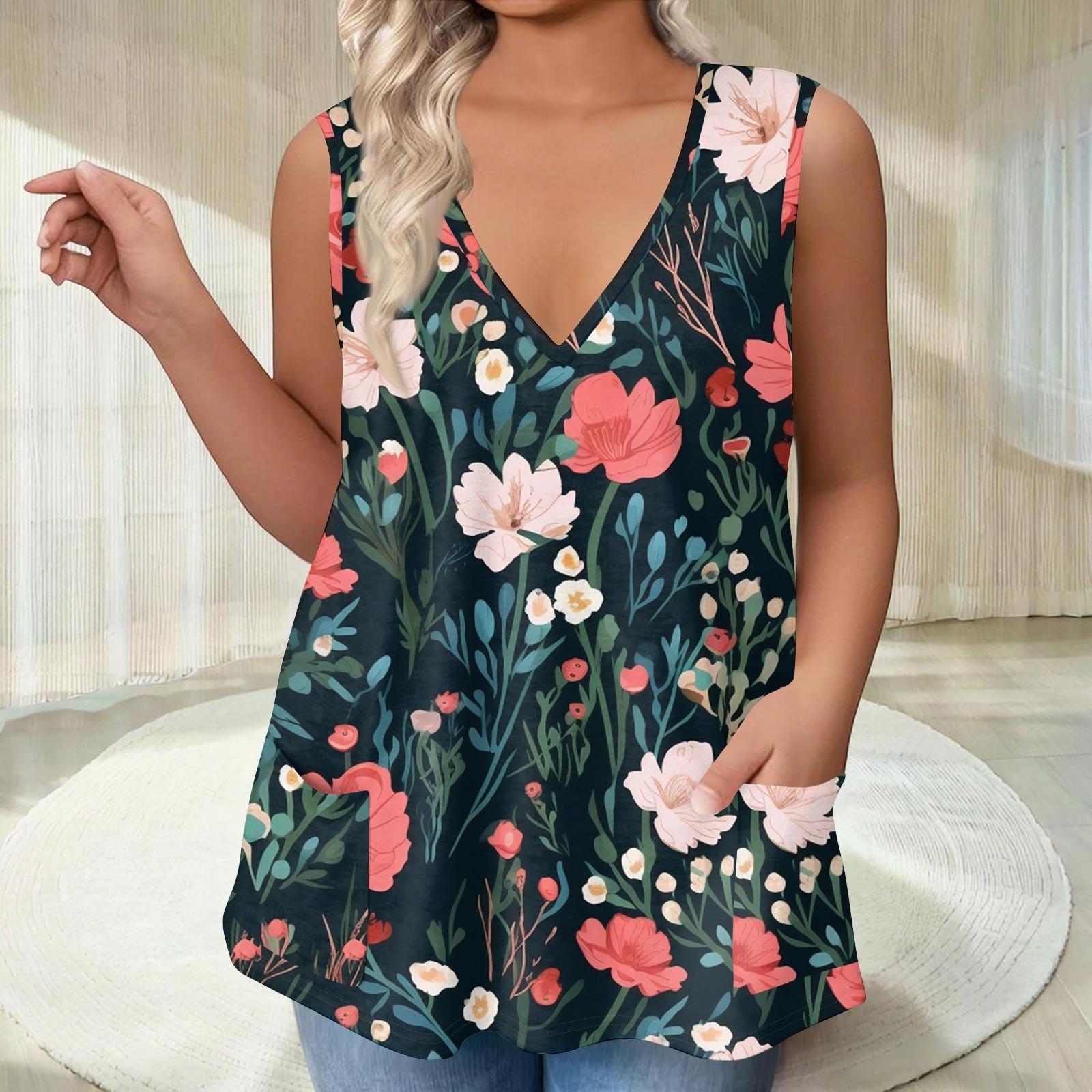

Women s V-neck T-shirt Vest Loose With Pockets T-shirt Printed Bottom Shirt XL