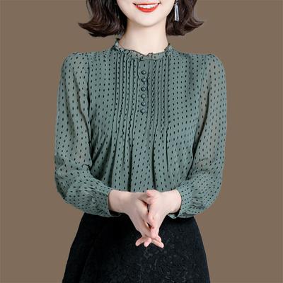 Chiffon Shirt Women's Summer Outfit Loose Temperament Black Fungus Collar Polka Dot Top Western-style Mulberry Silk Sweater Blouses & Shirts