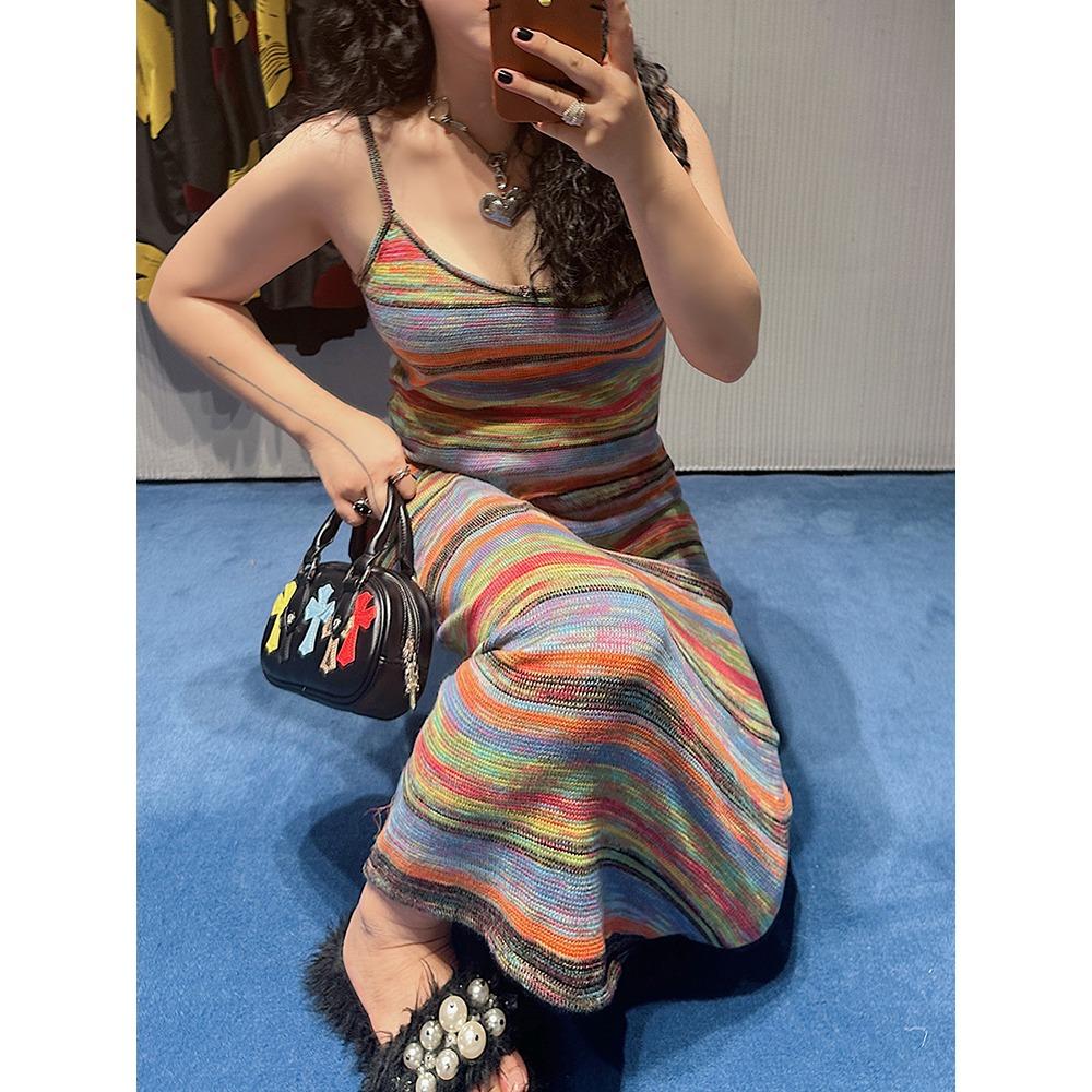 DIMANAF New Plus Size Stripe Summer Women Long Knitted Sleeveless Dress Sleeve Basic Fashion Dresses Casual Loose 2025
