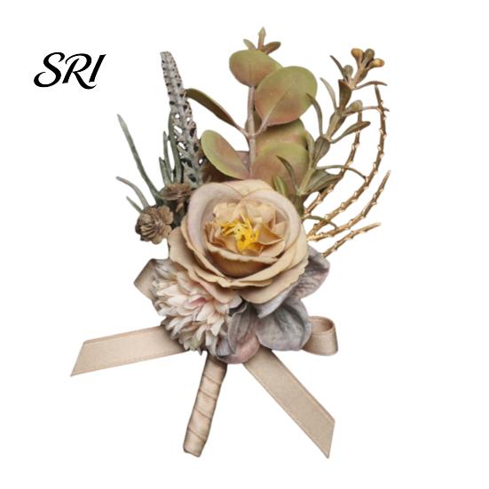 European Forest Style Corsage Rose Bud Wedding Flower Set, Wrist for Bride Bridesmaid Light & Boutonniere Groom Groomsman, Artificial Silk Floral