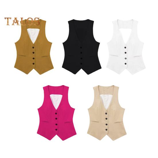 Women's Vest Top V Neck Single Breasted Sleeveless Coat Casual Waistcoat with Pockets Ladies Dressy Vest Jacket