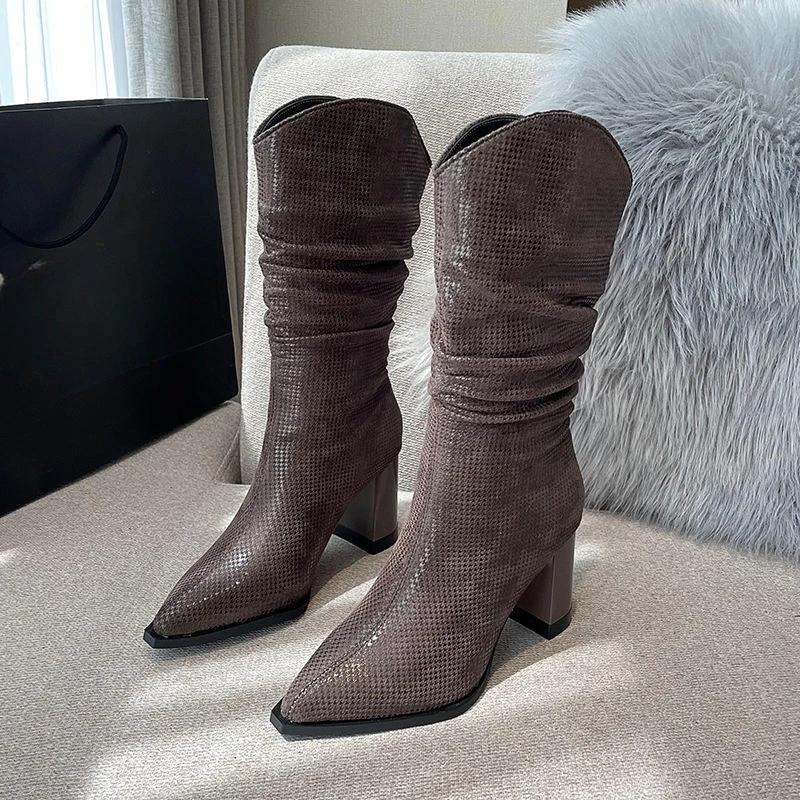 Fashion Warm Pointed Toe Elegant Heeled Half High Boots for Women Designer Luxury Mid Calf Shoes Woman Comfortable Demi-season Boot Sale