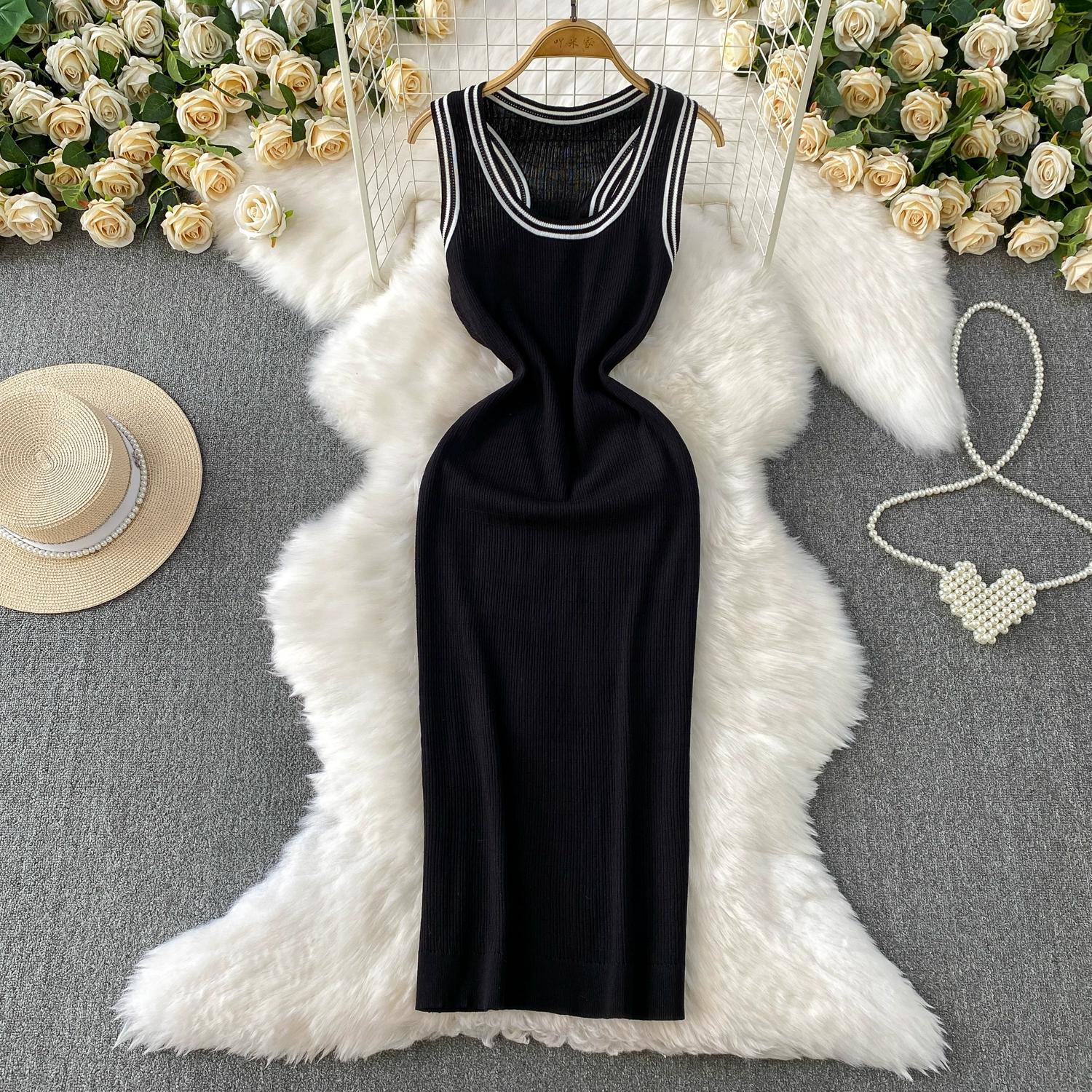 

Летние женские повседневные трикотажные свитера без рукавов с круглым вырезом, облегающие платья-футляры One Size чёрный