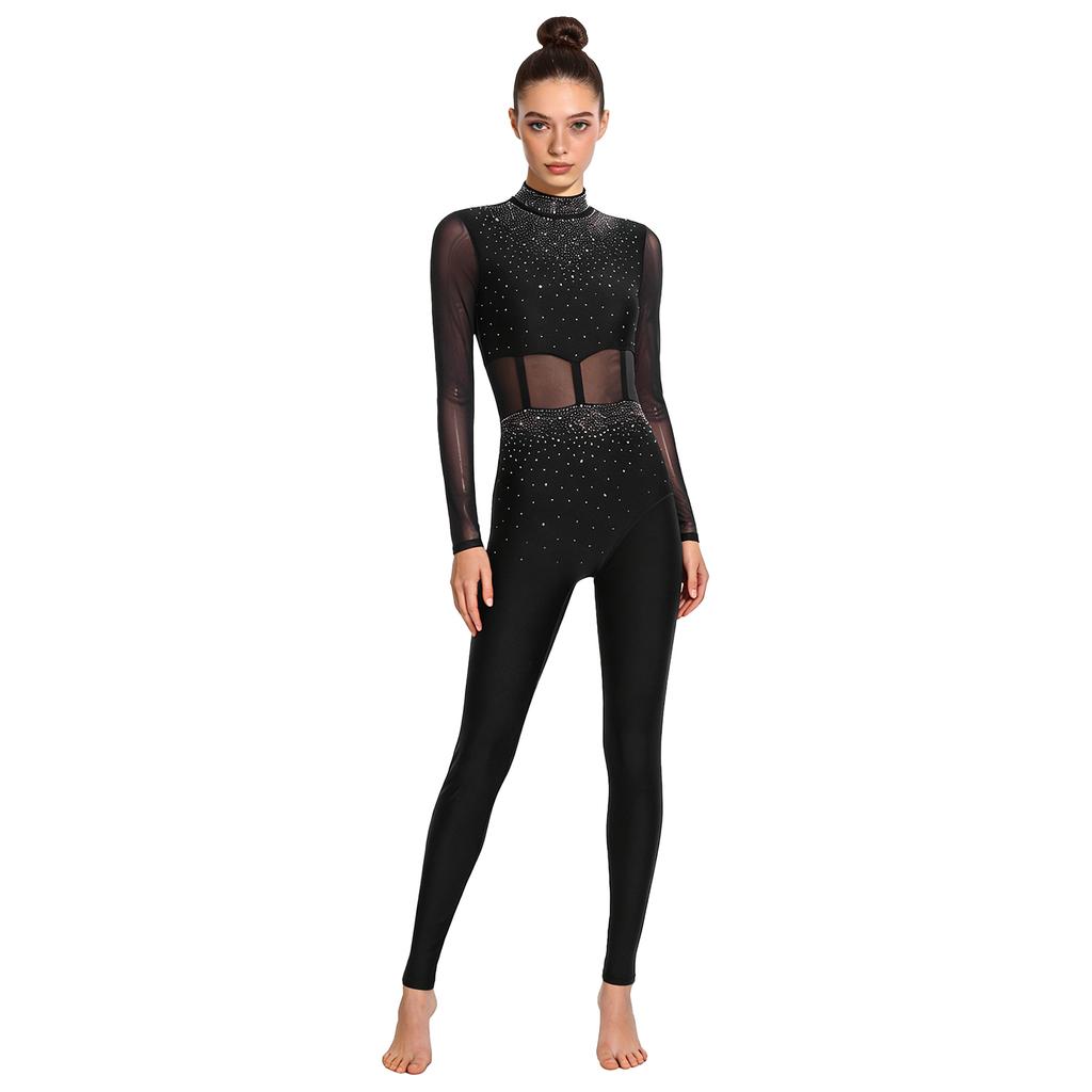 Womens Gymnastics Unitard Bodysuit Rhinestone Sheer Mesh Patchwork Cutout Back Full Body Jumpsuit Figure Skating Wear