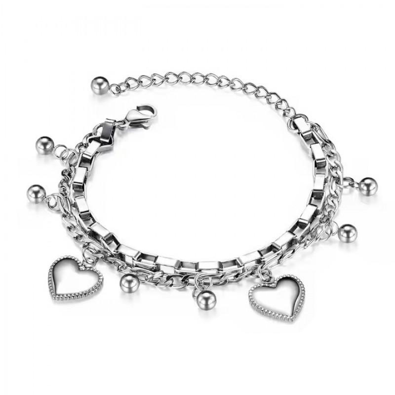 Double Layer Heart Charm Beaded Bracelet Women Titanium Steel Gold Plated Elegant Minimalist Jewelry Accessory Steel