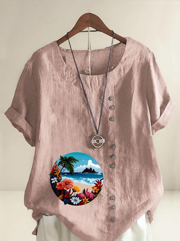 

Women s Fashion Landscape Pattern Print Round Neck Short Sleeve T-shirt Summer Casual Cotton Linen Graphic Shirt Leisure Loose Blouse Tops S