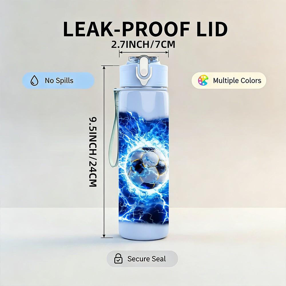 1PC Blue Lightning Soccer Ball Print 750ml Color Plastic Sports Water Bottle Leakproof Flip Straw Lid Suitable for Sports Office Home Use