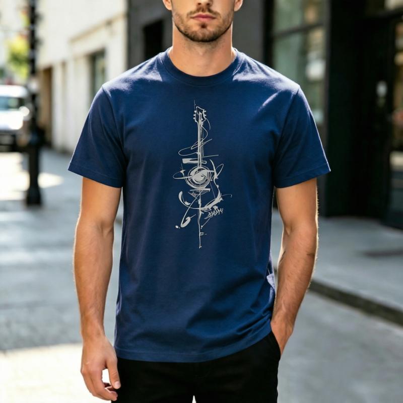 Minimalist Ink Brush Art Abstract Guitar Graphic Short Sleeve T Shirt Unisex Unisex Cotton Soft Daily Streetwear Casual Music Lover