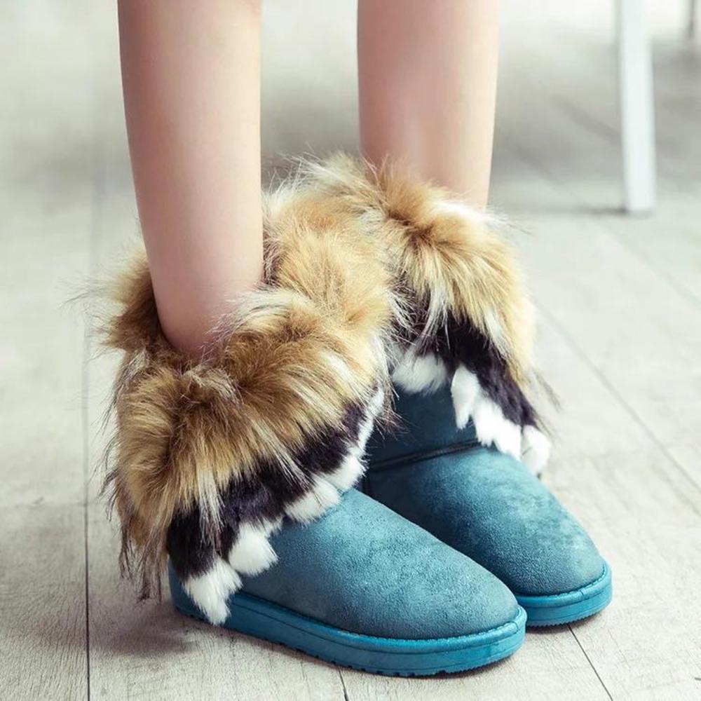 Sale Of The Season  Women's Mid-Calf Fox Fur Snow Boots Winter Rubber Sole round Toe Ankle Covering Pure Color Booties Ch