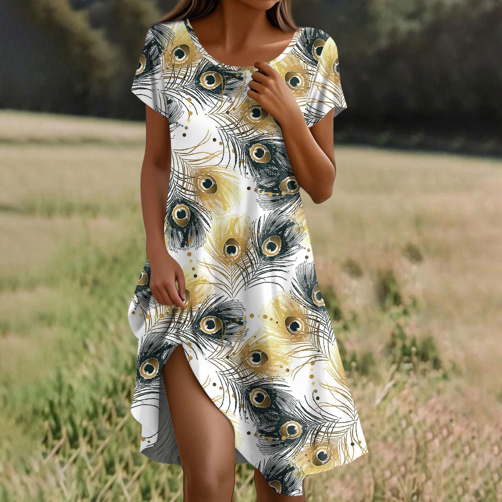 

Платье бохо с коротким рукавом для женщин, повседневное, свободного кроя, летний сарафан, платье с принтом перьев с карманами XL белый