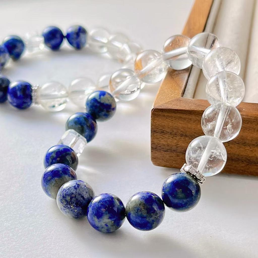 12Mm Retro Large Particle Natural White Crystal Lapis Lazuli Contrasting Color Bracelet Bracelet.