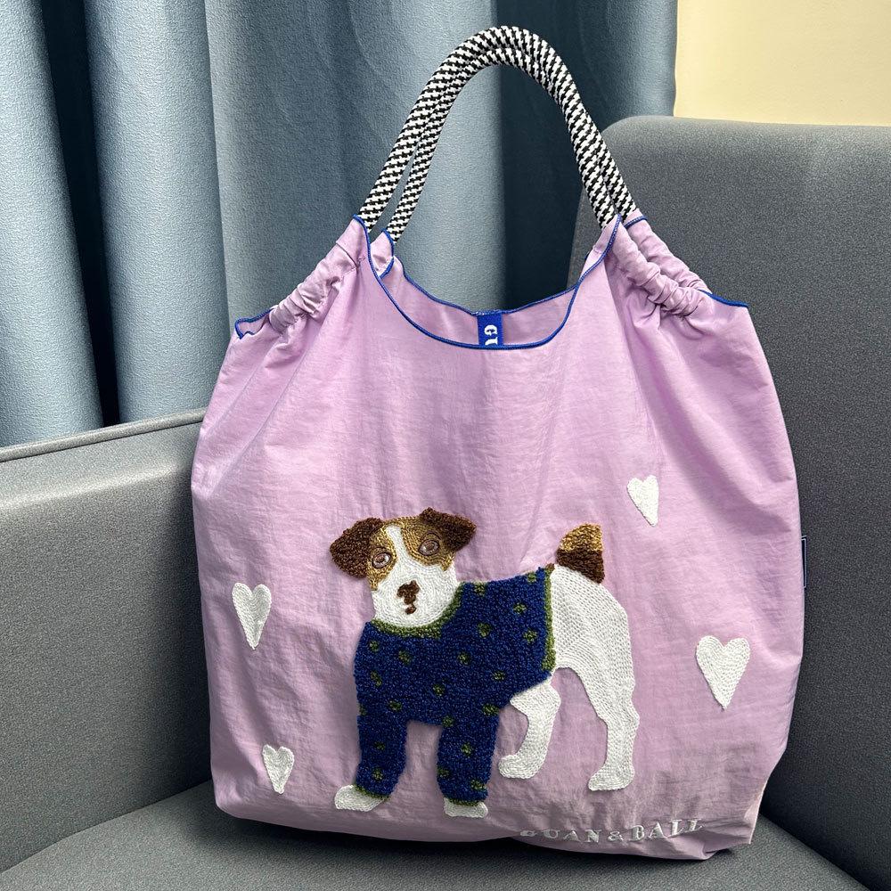 2024 Japanese-Style Cute Dog Embroidered Nylon Eco-Friendly Shoulder Shopping Bag