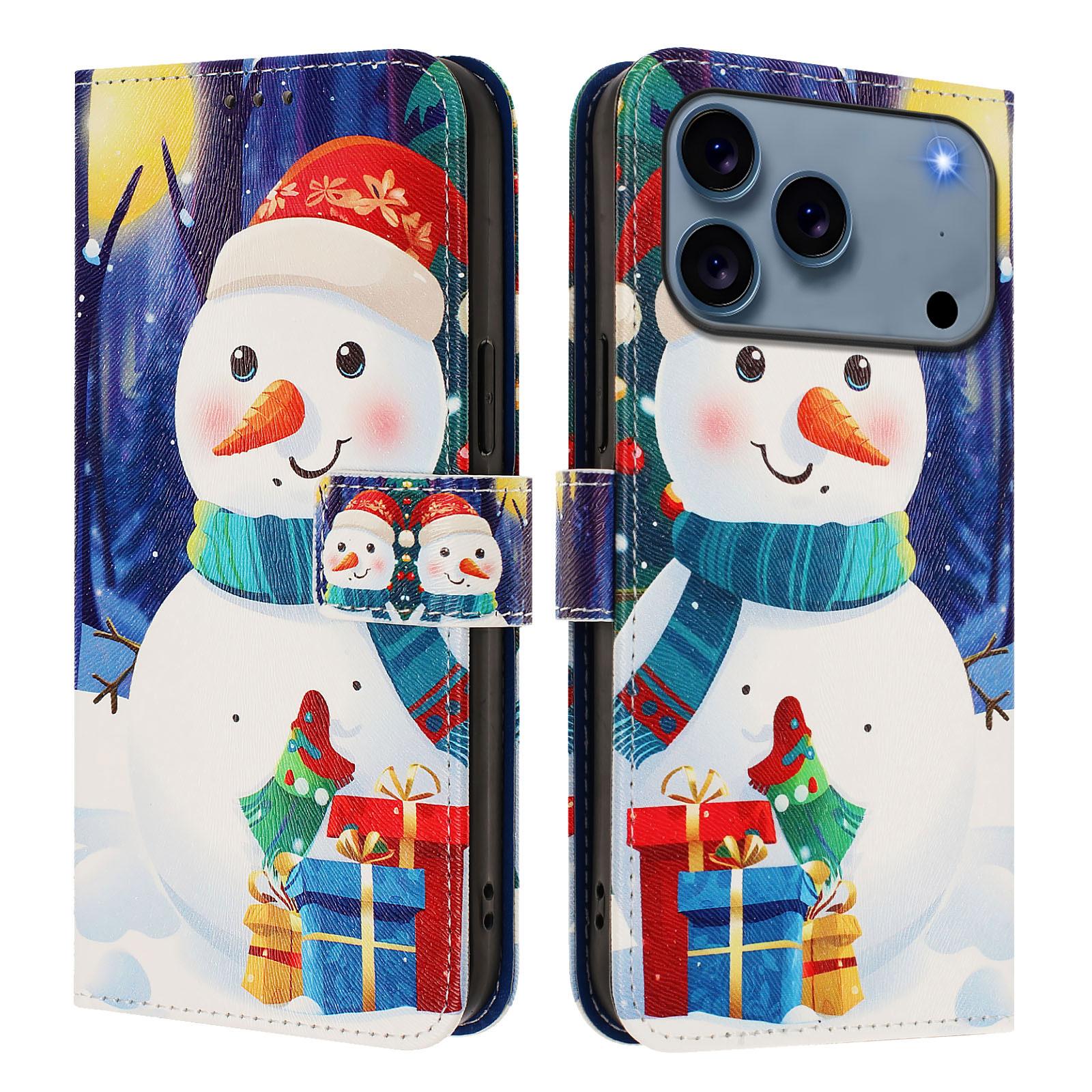 

For iPhone 17 Pro Wallet Case Christmas Pattern Printing Leather Phone Cover with Lanyard Gift Box Snowman