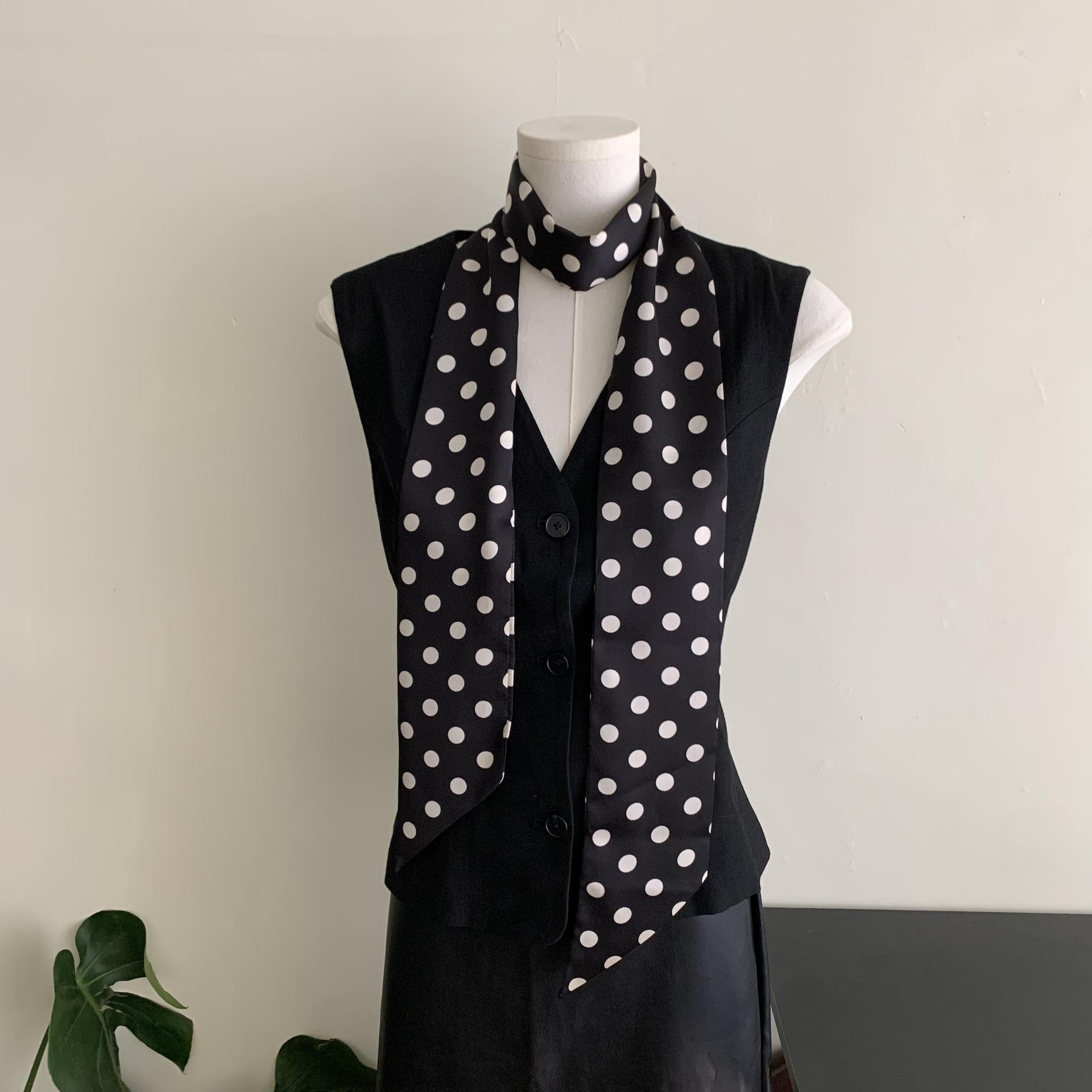 French black and white polka dot silk scarf women s 2025 new long thin neck scarf high-end decorative tied hair streamer 10-160