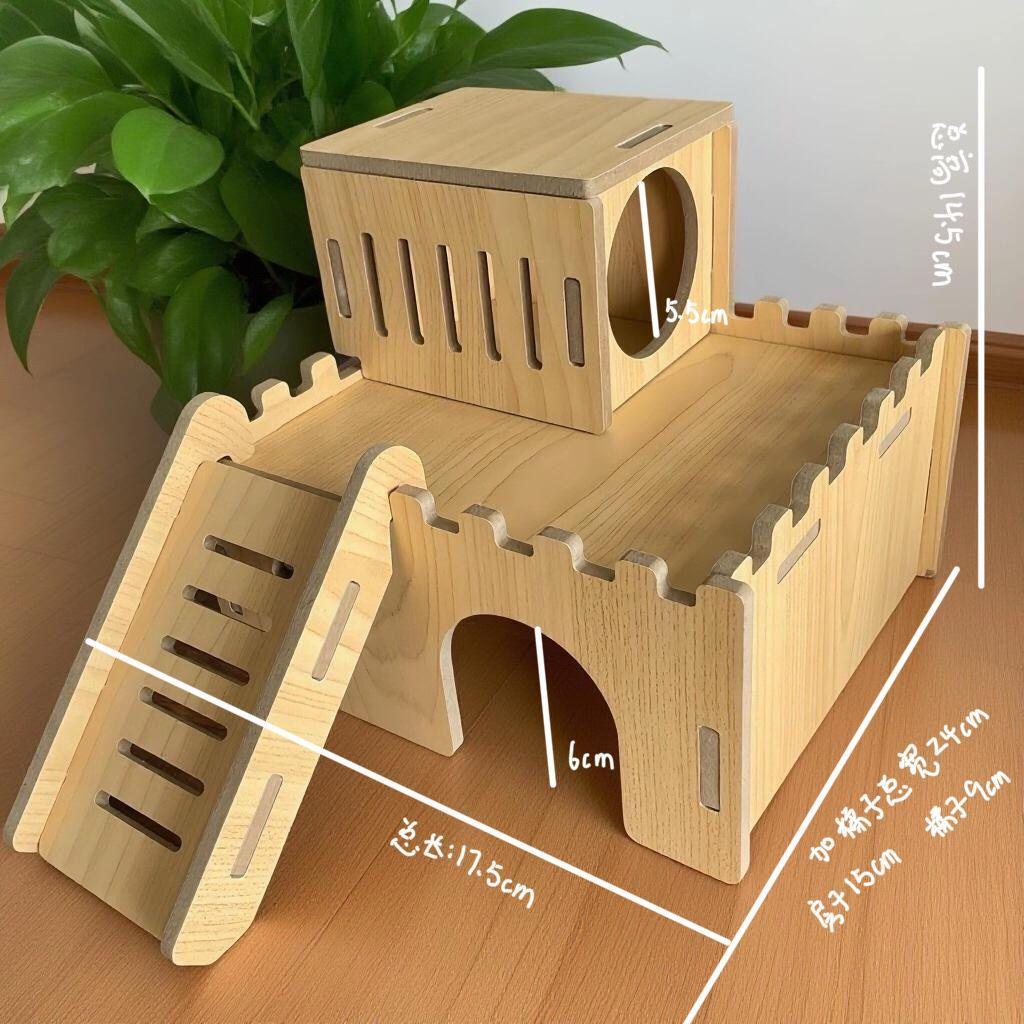Golden Silk Hamster Villa: Interactive Wooden House with Platform, Climbing Ladder, and Hiding Spots - Complete Set for Landscaping.