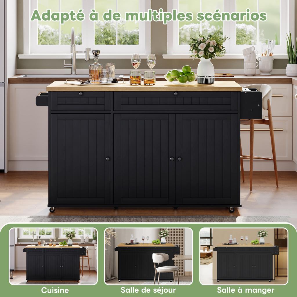 Isola da Cucina con Piano di Lavoro Pieghevole, Mobile da Cucina su 6 Ruote Bloccabili, con Ripiano, Portaoggetti da Porta, 2 Cassetti Grandi, Nero, 137 x 89,5 x 45 cm