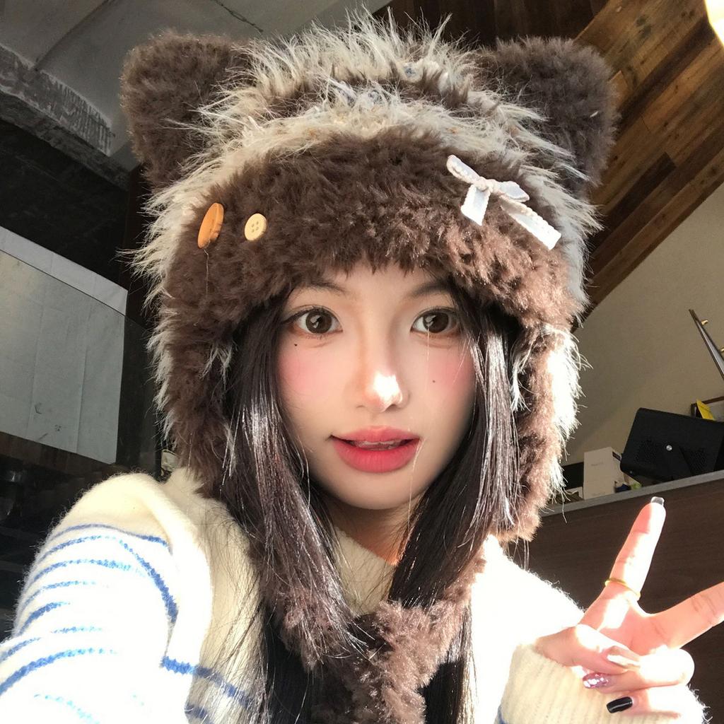 New autumn and winter sweet and cute cat ears bow plush hat women's warm face small ear hat tide