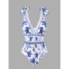 Sexy bikini one-piece swimsuit chiffon skirt round skirt shoulder V-neck swimsuit beach gathering conservative belly cover