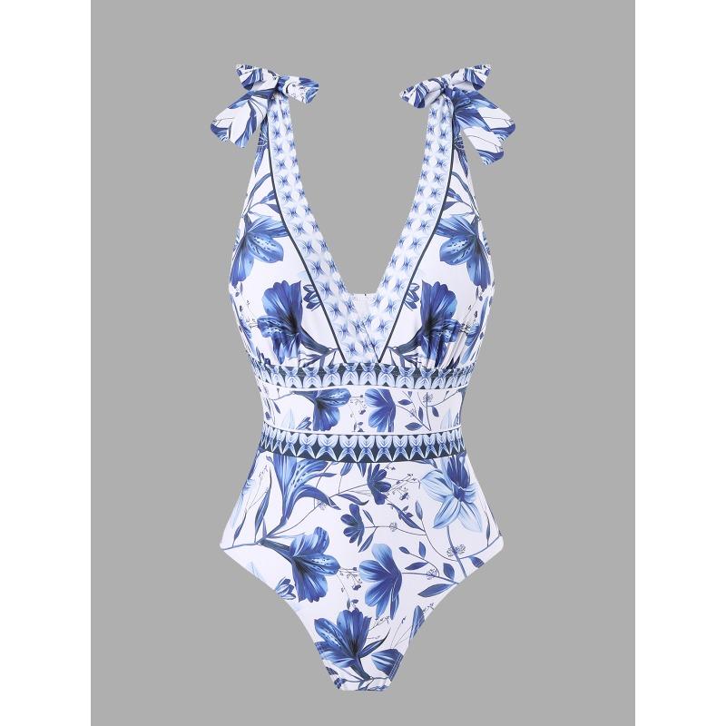 Sexy bikini one-piece swimsuit chiffon skirt round skirt shoulder V-neck swimsuit beach gathering conservative belly cover