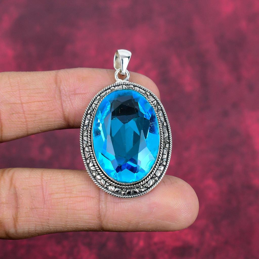 Blue Topaz Pendant, 925 Solid Sterling Silver Gemstone Jewelry, Handmade Pendant, For Thanksgiving