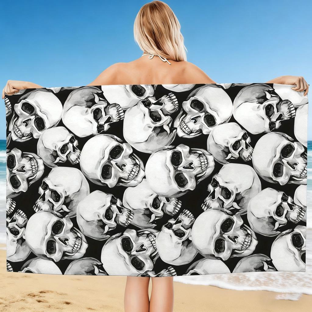 1PC Gothic Skull Design Print Beach Towel Quick-drying Towel Suitable for Seaside Pool Camping Vacation and pool A Cool Gift