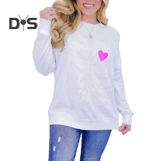 Женская толстовка с рисунком скелета, круглым вырезом, декором из пайеток, длинными рукавами, свободными эластичными манжетами, спортивная повседневная одежда, осенне-весенний топ S белый