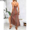 MODIQUE 2025 Lato Nowy Damski Retro Seksowny Głęboki Dekolt w Serek Bez Pleców Bez Rękawów Nadruk Rozcięcie Sukienka Długa typu Slip Damska Casualowa Sukienka A-Line