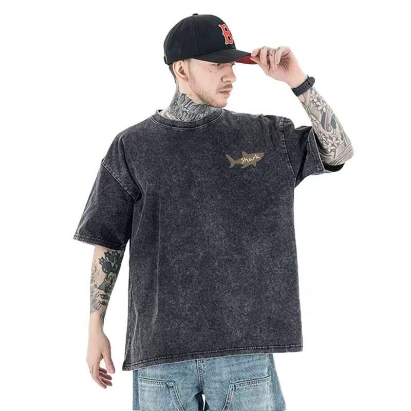 Unisexs Summer Shortsleeved Washed Vintage G Cotton Shirt with Fish Pattern Pure Cotton Casual and Loose Tshirt