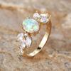 Exquisite Gold Color Cubic Zirconia Leaf Oval Fire Opal Ring for Women Charm Anniversary Birthday Jewelry Accessories