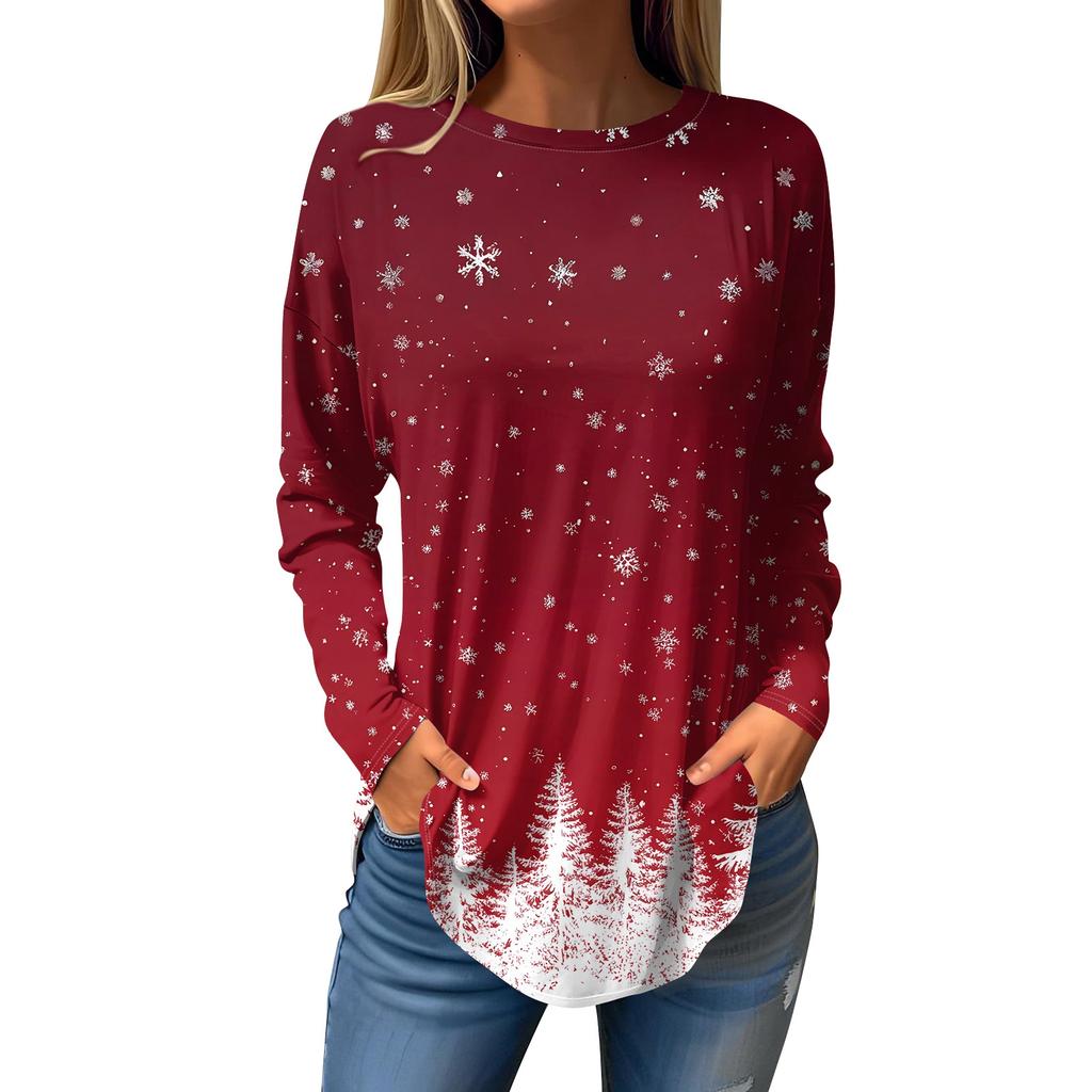 Dame Løs Rund Hals Juleprint Langermet T-skjorte Topp Genser