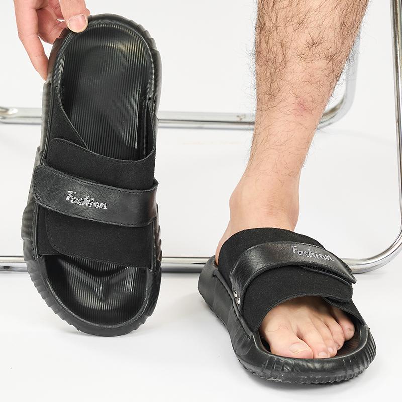 Men Slippers Wide Palm Outdoor Summer Black Flats Beach Shoes for Students Plus Size