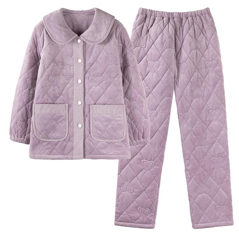 Pajamas Women'S Autumn And Winter Fleece Coral Fleece Winter Three-Layer Thin Cotton-Padded Warm Loungewear Set