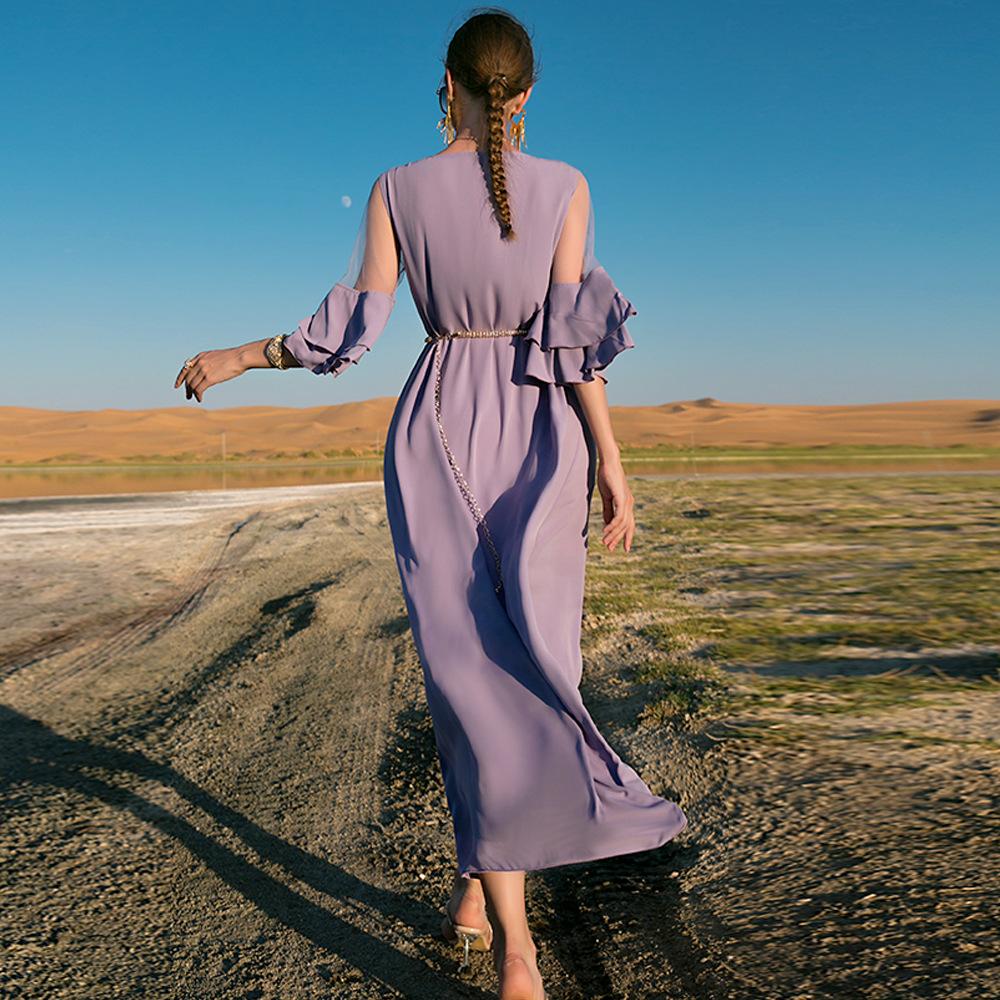 Khaki Ruffle Panel Mesh Slim Fit Elbise Dubai Müslüman Elbisesi