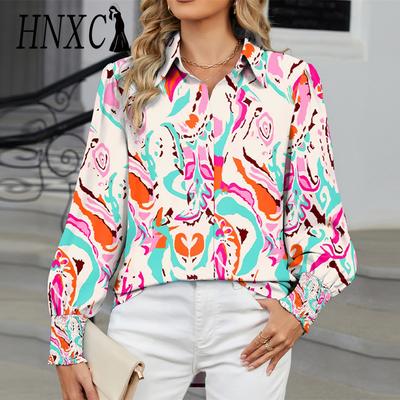 HNXC Women's Fashion Casual Autumn Winter Floral Print Long Sleeve POLO Neck Blouses & Shirts