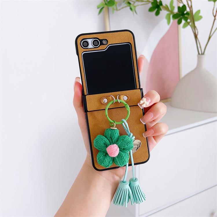 Applicable To Samsung ZFlip5 Mobile Phone Case Striped Leather Case Zflip4 Flower Mobile Phone Lanyard All-inclusive Anti-drop Protective Case